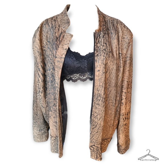 VINTAGE 80s Sujari 14 Real Leather Tan Black Patterned Jacket - Picture 3 of 13